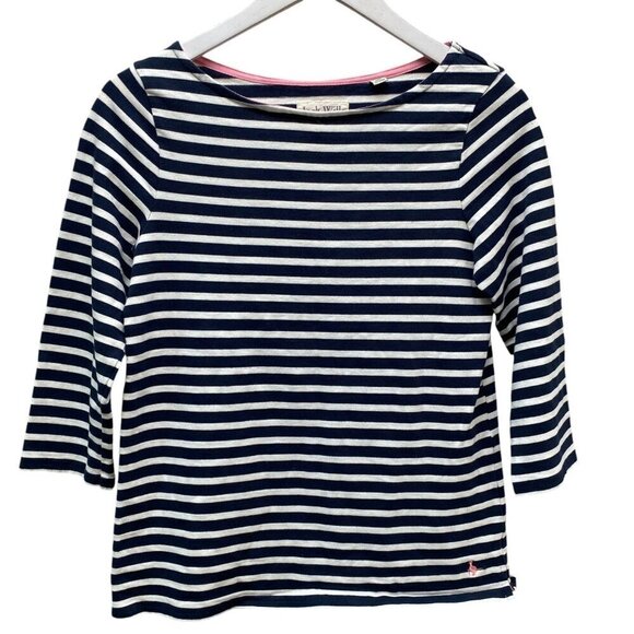 JACK WILLS Nautical Tee Size 4 Navy Blue Stripe 3/4 Sleeve Womens Preppy Top - Picture 1 of 9